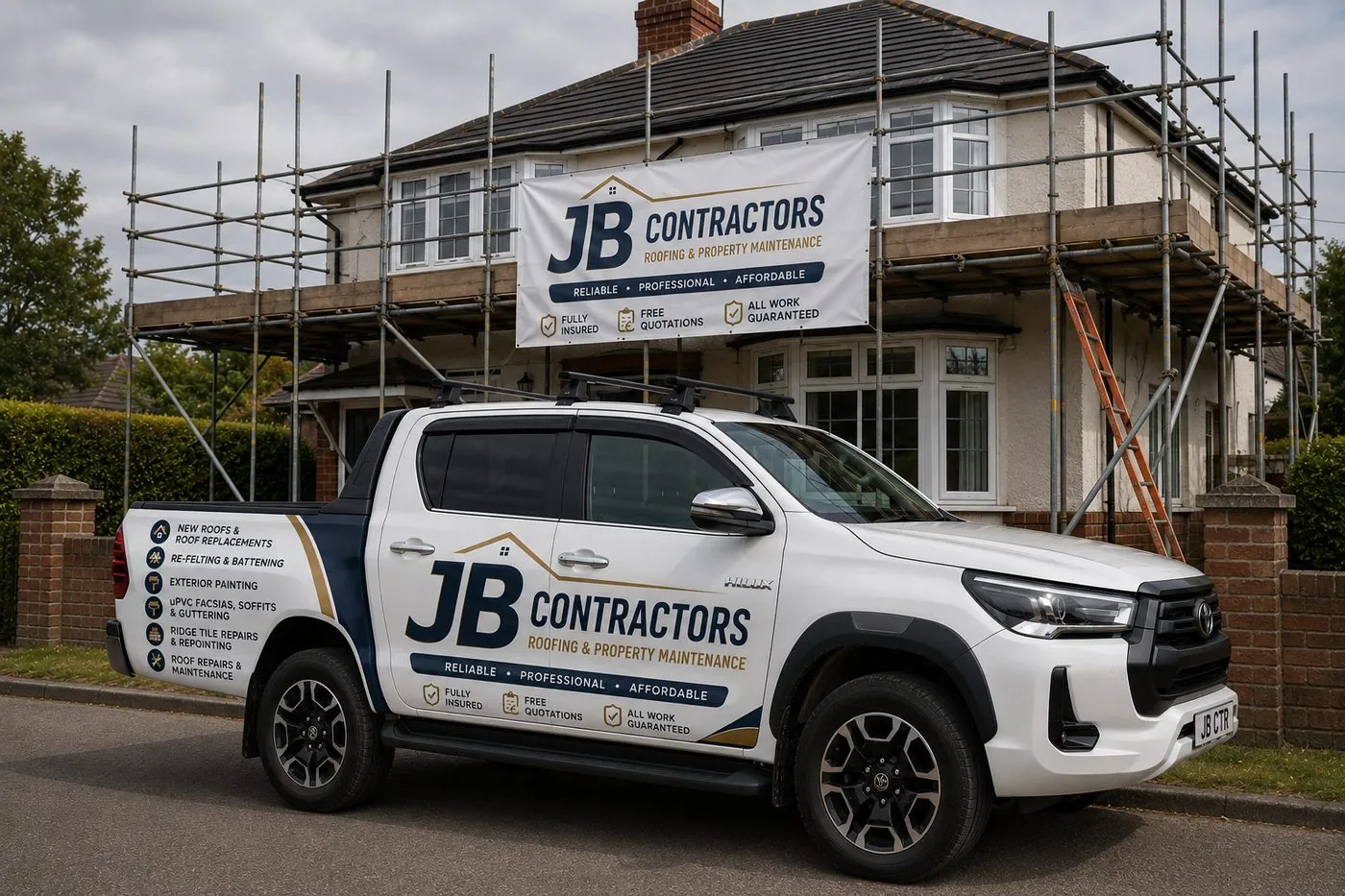 Tavistock Roofing pickup truck on site at a scaffolded roofing job in Tavistock